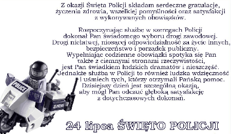 Lego policjant z życzeniami na 24 lipca
